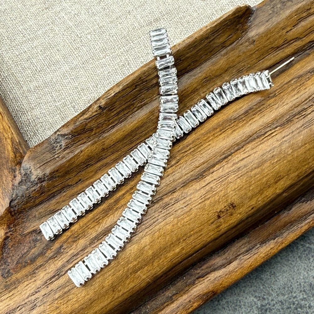 Long Dangle Silver-plated Clear Baguette Crystal Earrings Linear Tennis 3" Drop